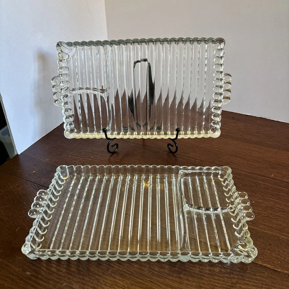 Set of 2‎ Hazel Atlas Ball & Rib Glass Sip N Smoke Snack Trays 1940's